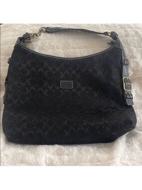 Coach Black Signature Canvas and Leather Hobo Shoulder Bag withGold Hardware